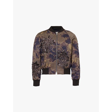 Bead-embellished abstract-pattern regular-fit woven bomber jacket