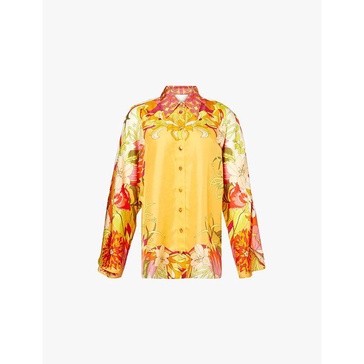 Floral-print flared-sleeve silk blouse