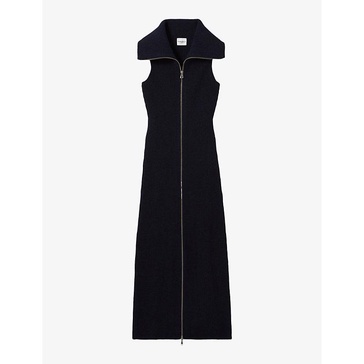 Oversized-collar zip-up sleeveless wool-blend maxi dress