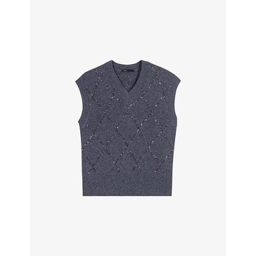 Sequin-embellished V-neck sleeveless knitted jumper