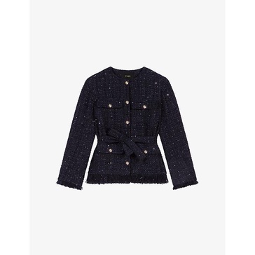 Sequin-embellished belted tweed jacket