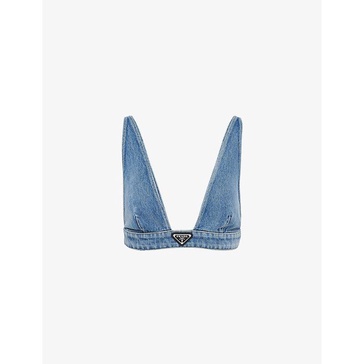 Logo-badge V-neck cropped organic-denim top