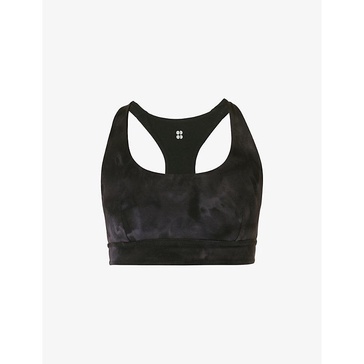 Reversible spray-print stretch-nylon sports bra