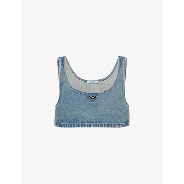 Logo-plaque denim-chambray crop top