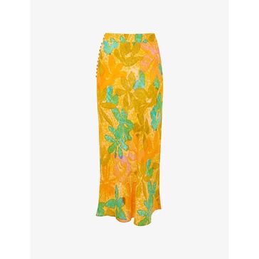 Palm floral-print button-embellished woven midi skirt