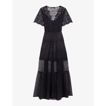 V-neck lace-embroidered woven midi dress