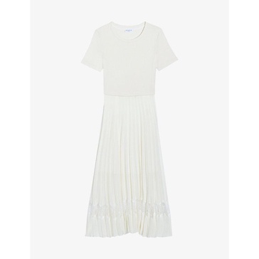 Lace-insert pleated cotton midi dress