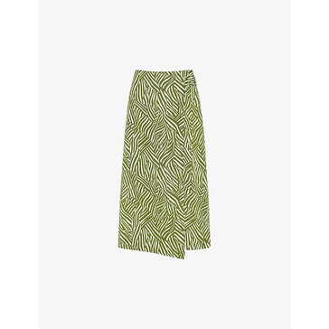 Linear leaf-print wrap-front cotton midi skirt