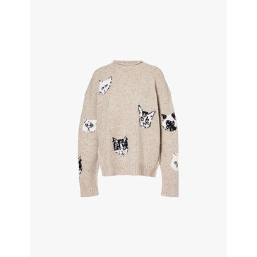 Cat-print knitted wool-blend jumper