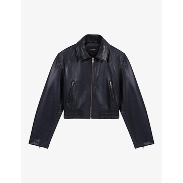 Regular-fit zip-up cropped leather jacket