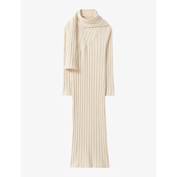 Tie-scarf long-sleeve ribbed stretch-knit midi dress