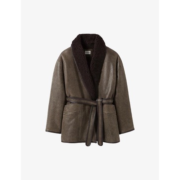 Shawl-collar belted-waist shearling jacket