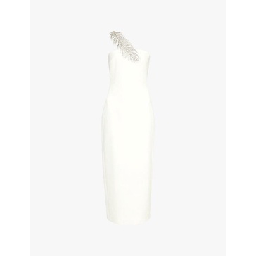 Crystal-feather one-shoulder stretch-woven midi dress