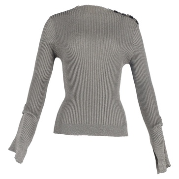 ribbed-knit long sleeve top in grey polyester