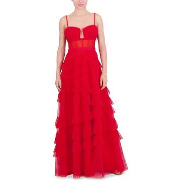 womens ruffled spaghetti strap evening dress