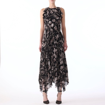 marine print pleated chiffon dress