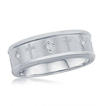 stainless steel brushed & polished cz cross ring