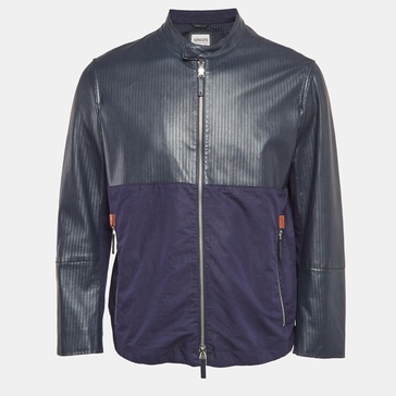 blue perforate leather and cotton zip-up jacket