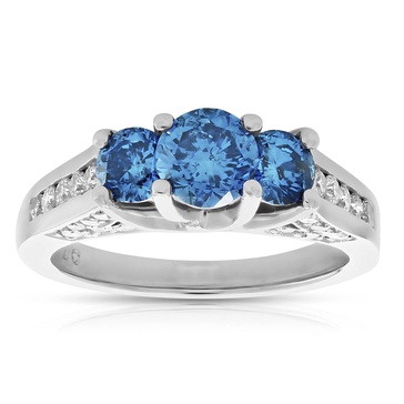 2.56 cttw blue and white diamond 3 stone ring 14k white gold engagement