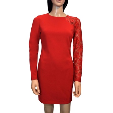 lace long sleeves knee length detailed sheath dress in red