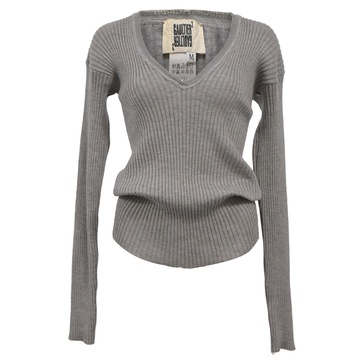 ribbed knit v-neck sweater in grey wool