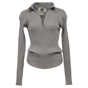 ribbed knit v-neck with tie sweater in grey wool