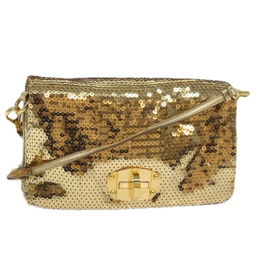 sequin shoulder bag leather gold auth 79210