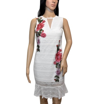 floral embroidered sleeveless lace dress in white