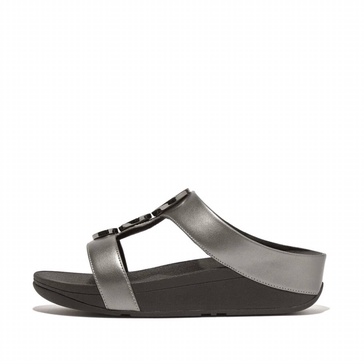 halo bead-circle metallic h-bar slide sandal in pewter black