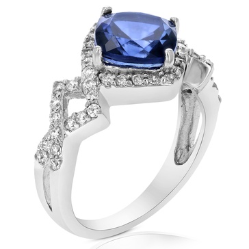 2.10 cttw created blue sapphire ring .925 sterling silver cushion 8 mm