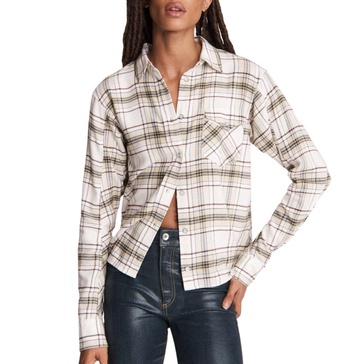 jonah cotton cropped plaid shirt in beige multi