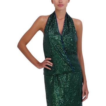 womens sequined faux wrap halter top