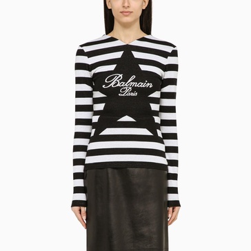 BALMAIN Striped Cotton T-Shirt with Logo Detail and Back Zip Fastening