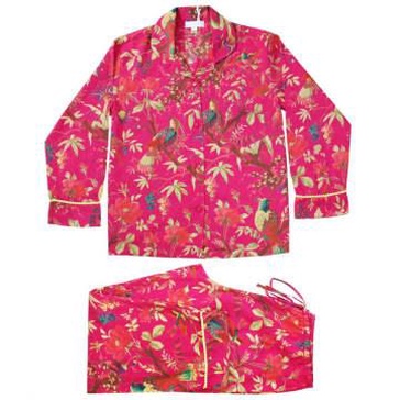 Hot Pink Bird Printed Ladies Pyjamas with Yellow Pom Pom Trims