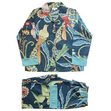 Blue Floral Exotic Bird Print Cotton Pyjamas