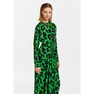 Essentiel Antwerp Elisha Green Leopard Print Draped Midi Dress