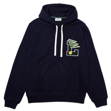 Pennants L Badge Hooded Cotton Fleece Sweatshirt Navy Blue