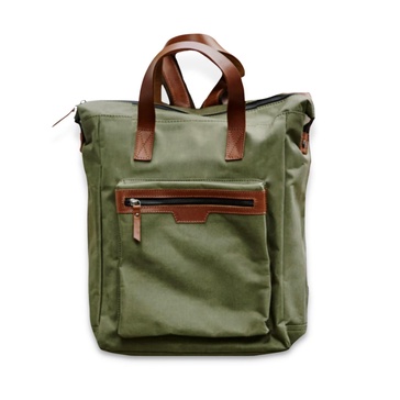 Leather Trim Top Zip Backpack - Green