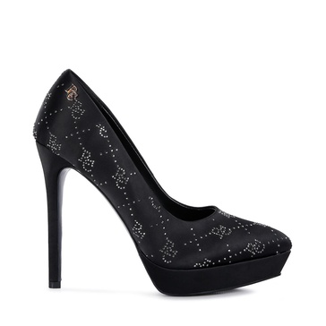 Ballard Black Monogram Satin Stiletto Pumps