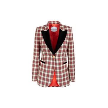 Red And Green Plaid Blazer With Black Lapels And Golden Buttons Alcott