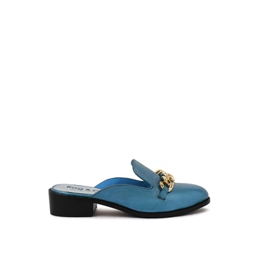 Aksa Metal Chain Blue Leather Mules