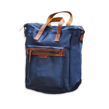 Leather Trim Top Zip Backpack - Blue