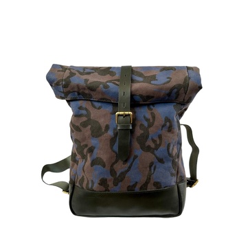 Camo Canvas And Leather Roll Top Backpack - Blue