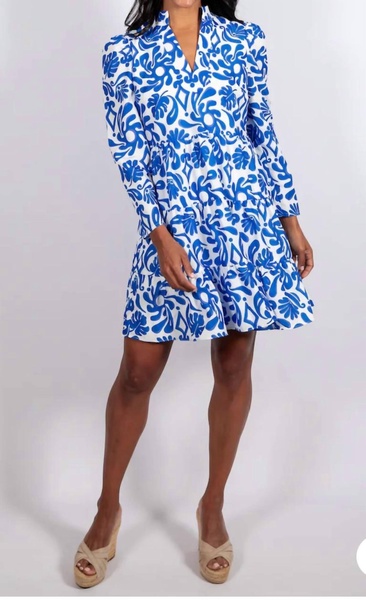 beach splash print long sleeve tunic flare dress in blue