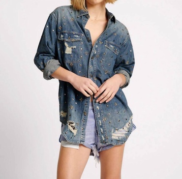 embellished everyday denim shirt in indigo