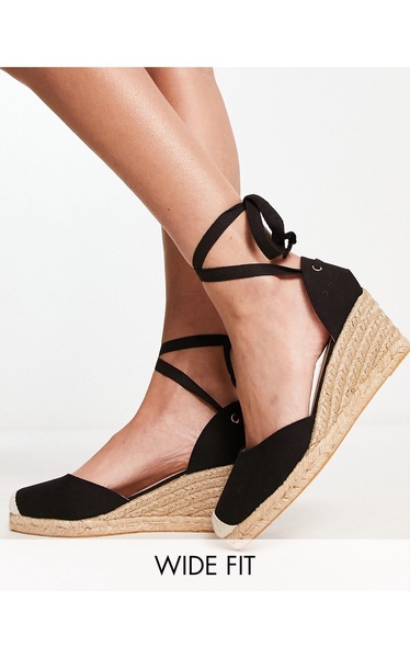 London Rebel wide fit tie leg espadrille wedges in black