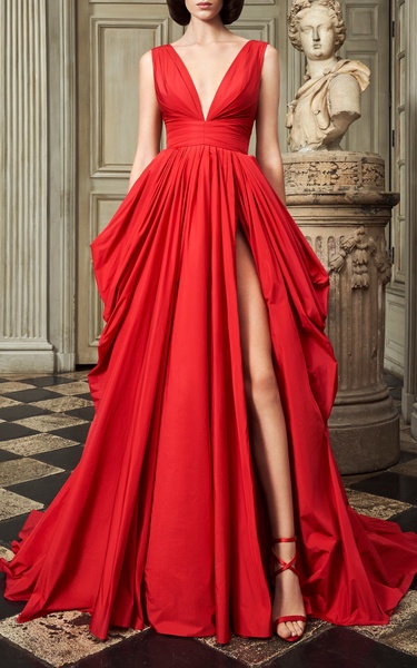 Draped Plunge-Neck Taffeta Gown