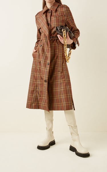 Ring-Detailed Checked Gabardine Trench Coat