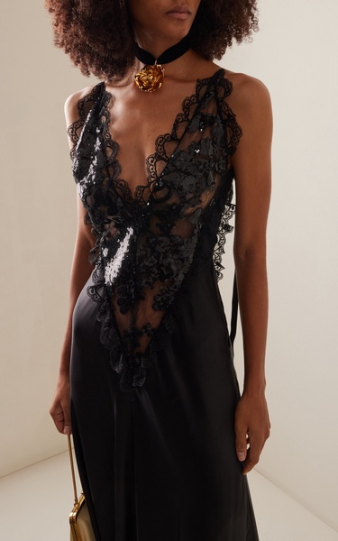 Sequined Lace-Trimmed Silk Maxi Dress