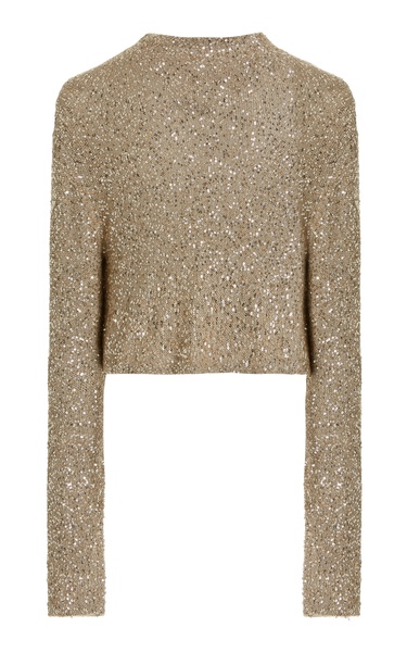 Sequined Cashmere-Silk Cropped Mock-Neck Top